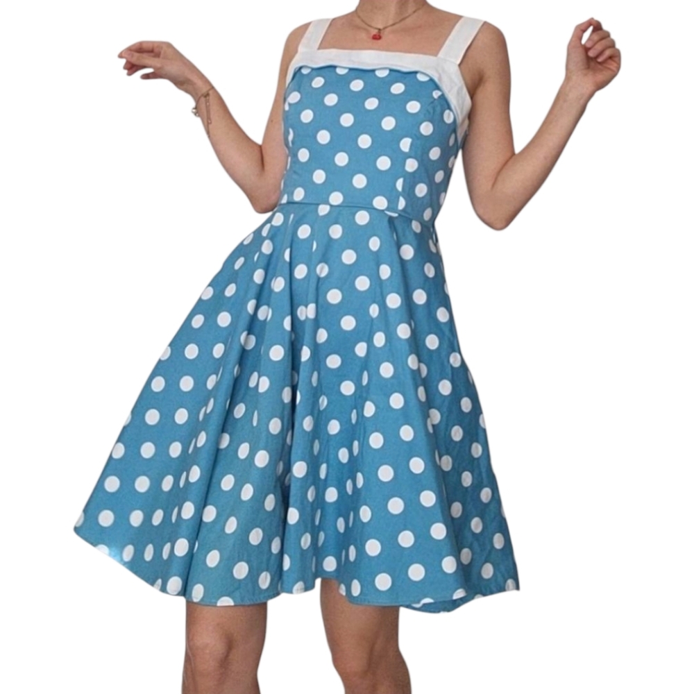 Vintage Golightly 50s style Pin-Up Rockabilly Blue Polkadot Fit&Flare Dress S